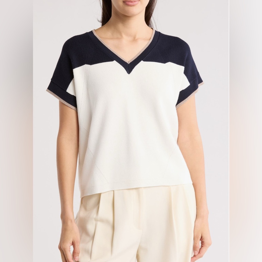 Adrianna Papell Colorblock V-neck Short Sleeve Sweater